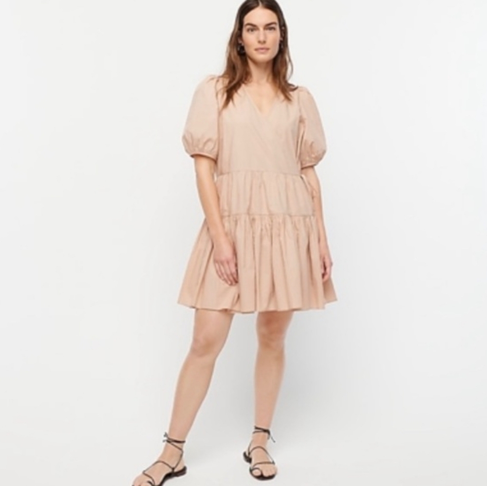 J.Crew Women Puff Sleeve Cotton Poolin Wrap Dress Tan